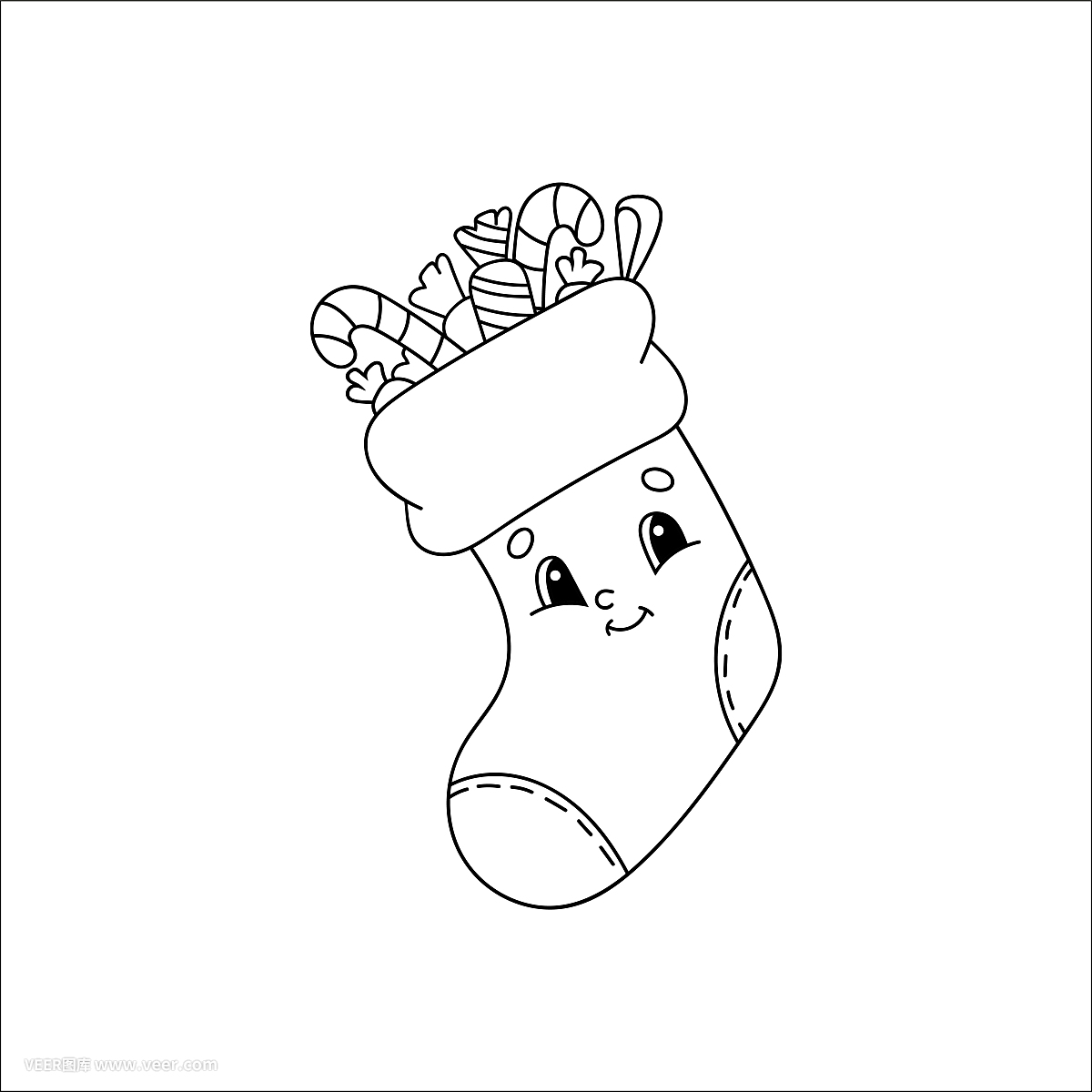 裝有禮物的圣誕襪。兒童涂色書。開朗的性格。矢量插圖。可愛的卡通風格。兒童幻想頁面。黑色的輪廓剪影。孤立在白色背景上。