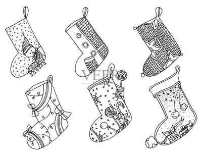 一套圣誕襪。矢量程式化的冬天襪子的集合。一整套裝飾圣誕絲襪。手工繪制的黑色和白色。涂鴉藝術矢量圖素材下載 - Veer圖庫